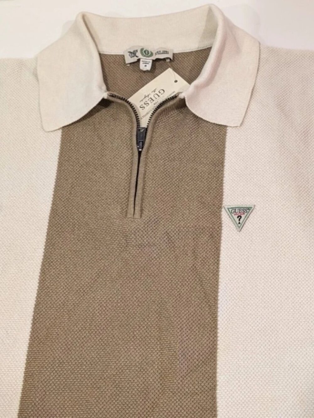 Guess Golf Club Mens Knit Quarter Zip Polo Shirt Beige Cream Stripe Medium NWT